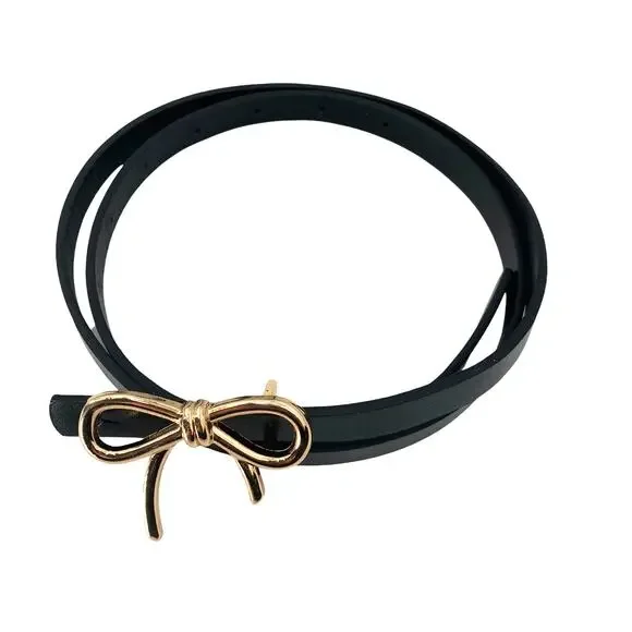 2/$30 Bow Belt NEW Black 27"-35" Gold Bow Adjustable Vegan Leather 40" Total - Picture 7 of 8
